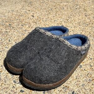 LL Bean Wool Clog Slippers Womens 8 Gray Blue Fleece Lined Cork Midsole Scuffs